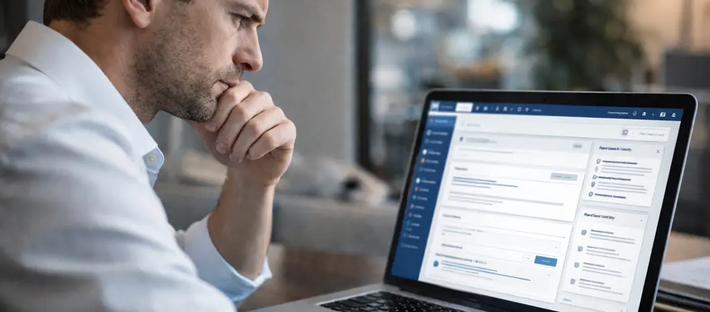 Férfi laptopon online platformot elemez, felhasználói értékelések és funkciók összehasonlítása közben